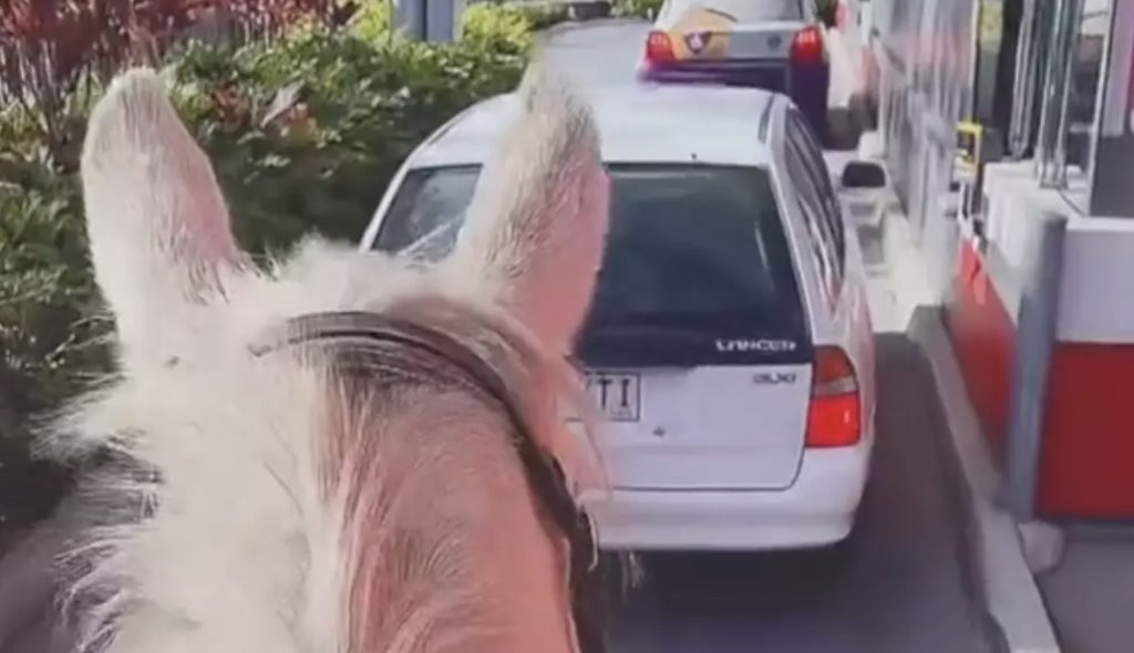 Vrouw gaat ter paard door de McDrive (video)