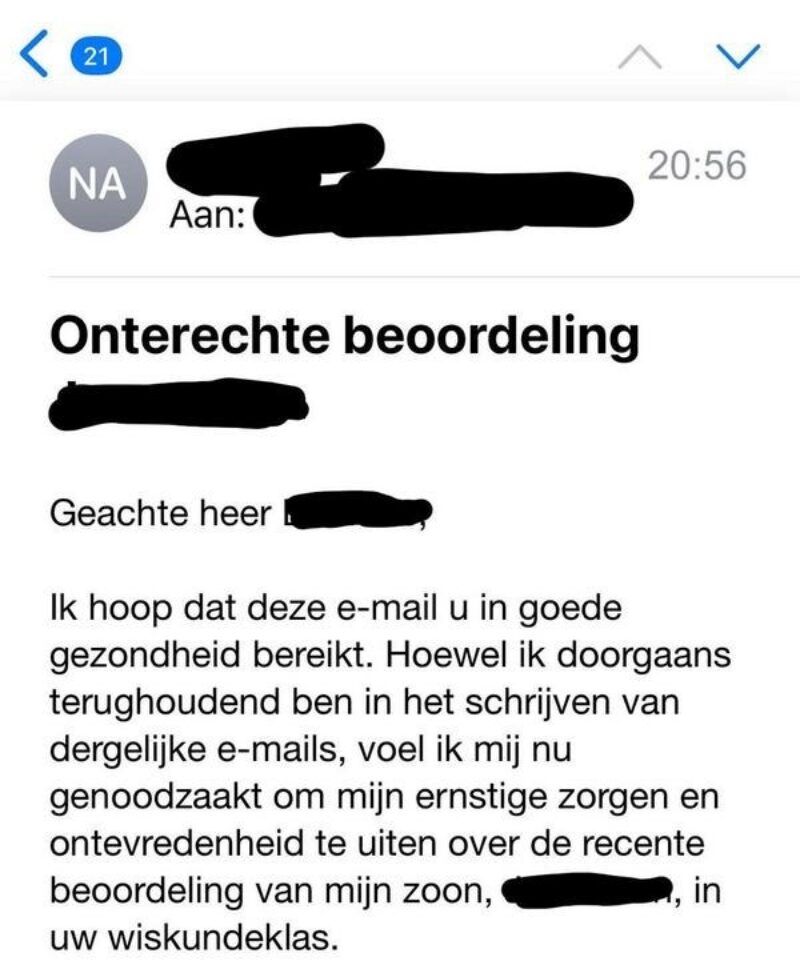 Vader schrijft boze mail nadat zijn kind onvoldoende scoort bij wiskunde: ''Kan niet''