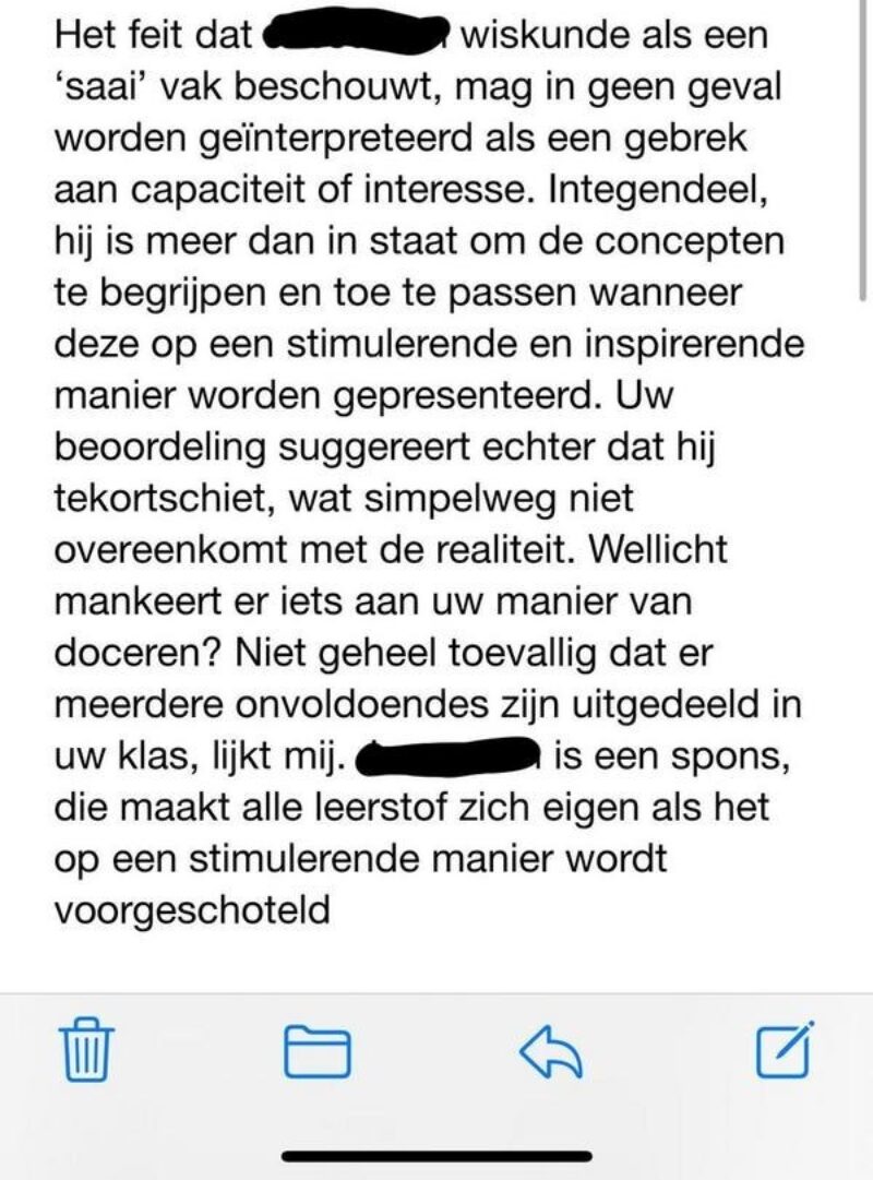 Vader schrijft boze mail nadat zijn kind onvoldoende scoort bij wiskunde: ''Kan niet''